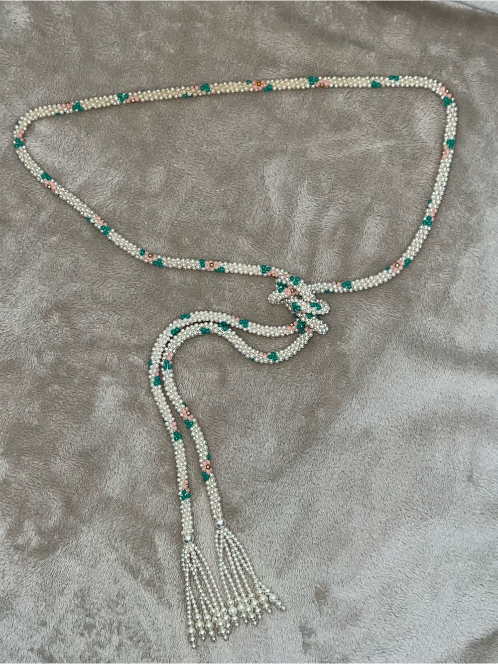 Vintage Faux Pearl Beaded Lariat Necklace with Green and Pink Accents